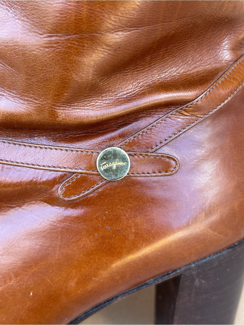 Vintage Ferragamo Leather Heeled Boots 10M Mid Calf Zip Up Classic Gold Upcycled - Picture 13 of 14
